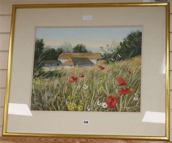Paul Evans, gouache, Sussex Barn at High and Over, near Alfriston, signed, 17.5 x 22in.